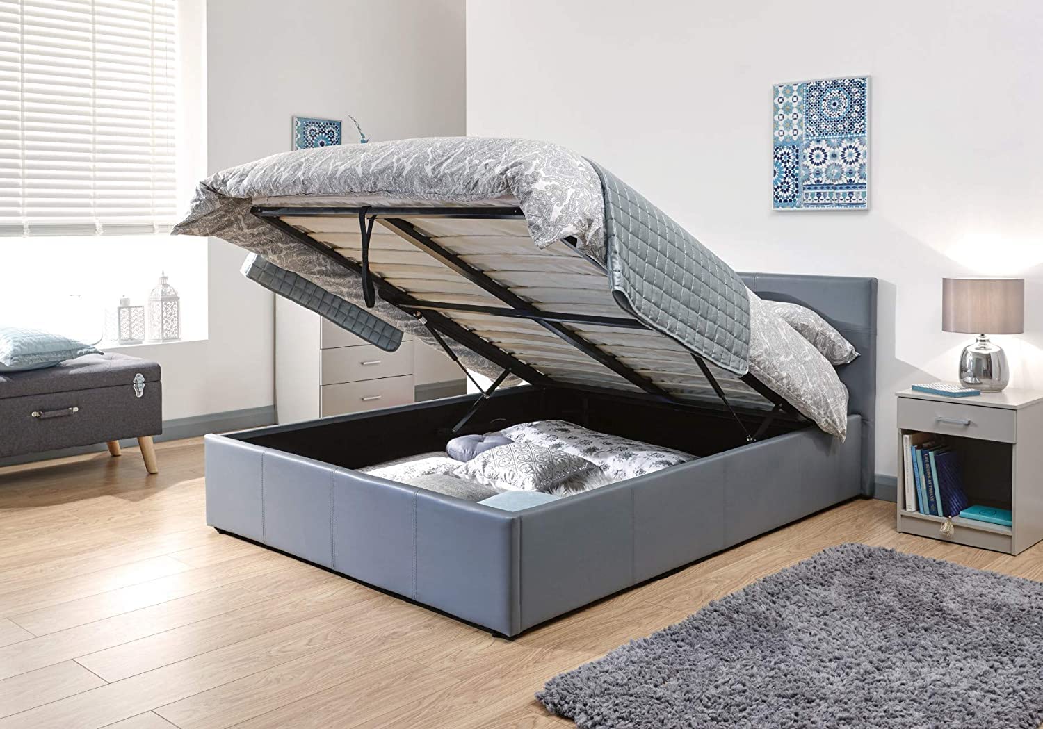 Modernique Grey Faux Leather Storage Ottoman Bed